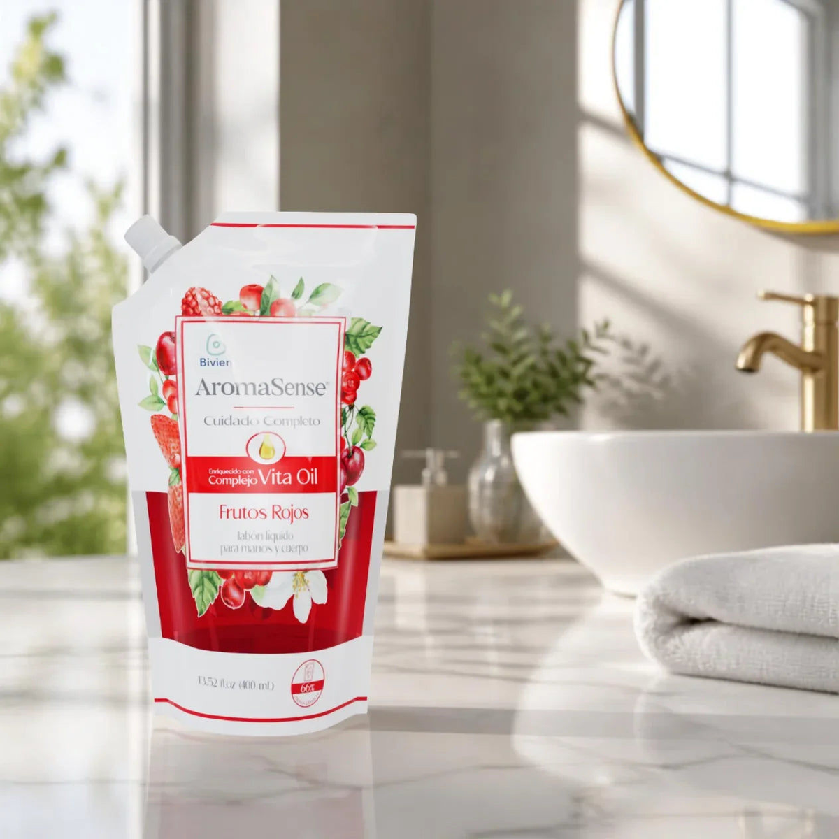 Jabón líquido Aromasense frutos rojos doypack para manos y cuerpo - 400 ml