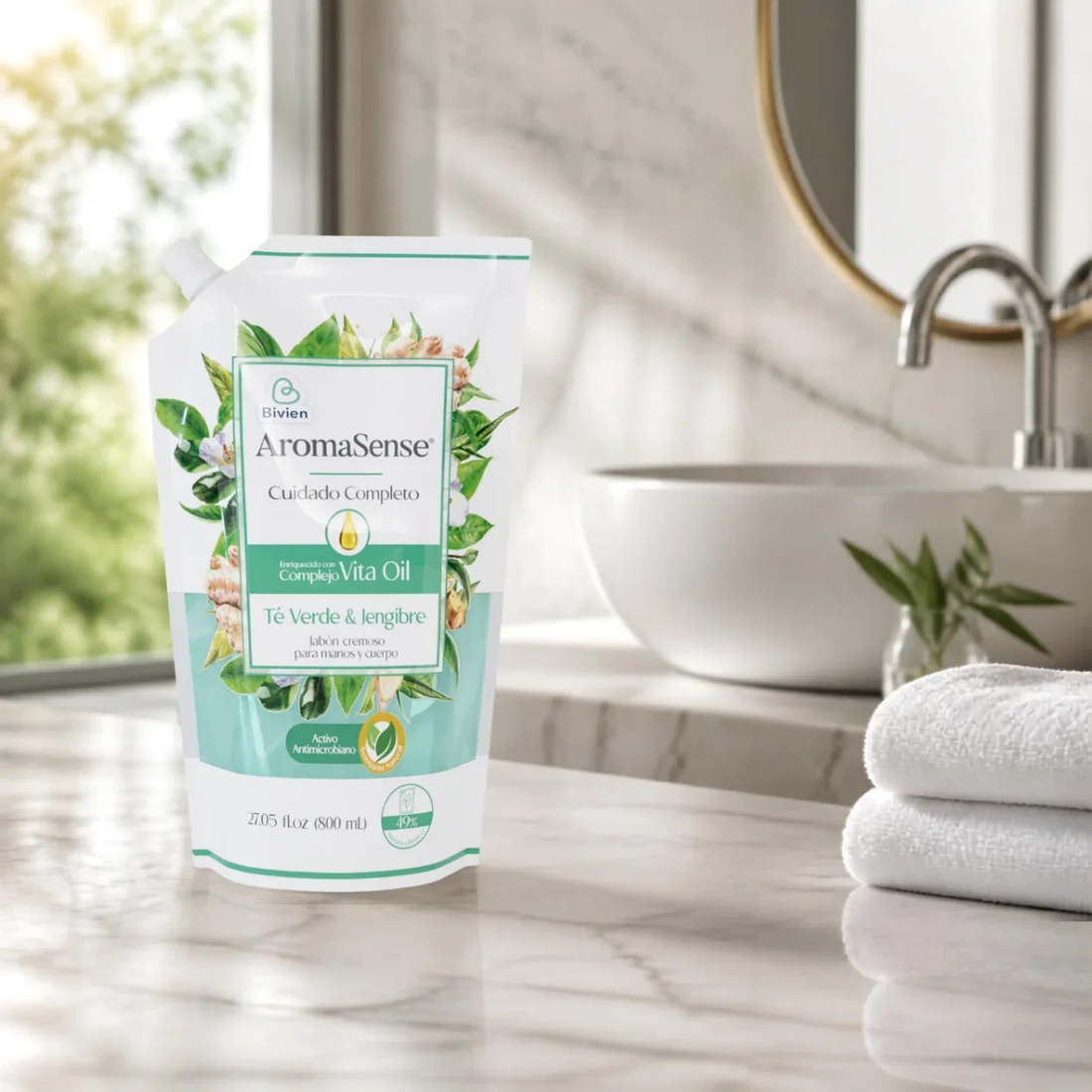 Jabón cremoso Aromasense té verde doypack para manos y pies - 800 ml