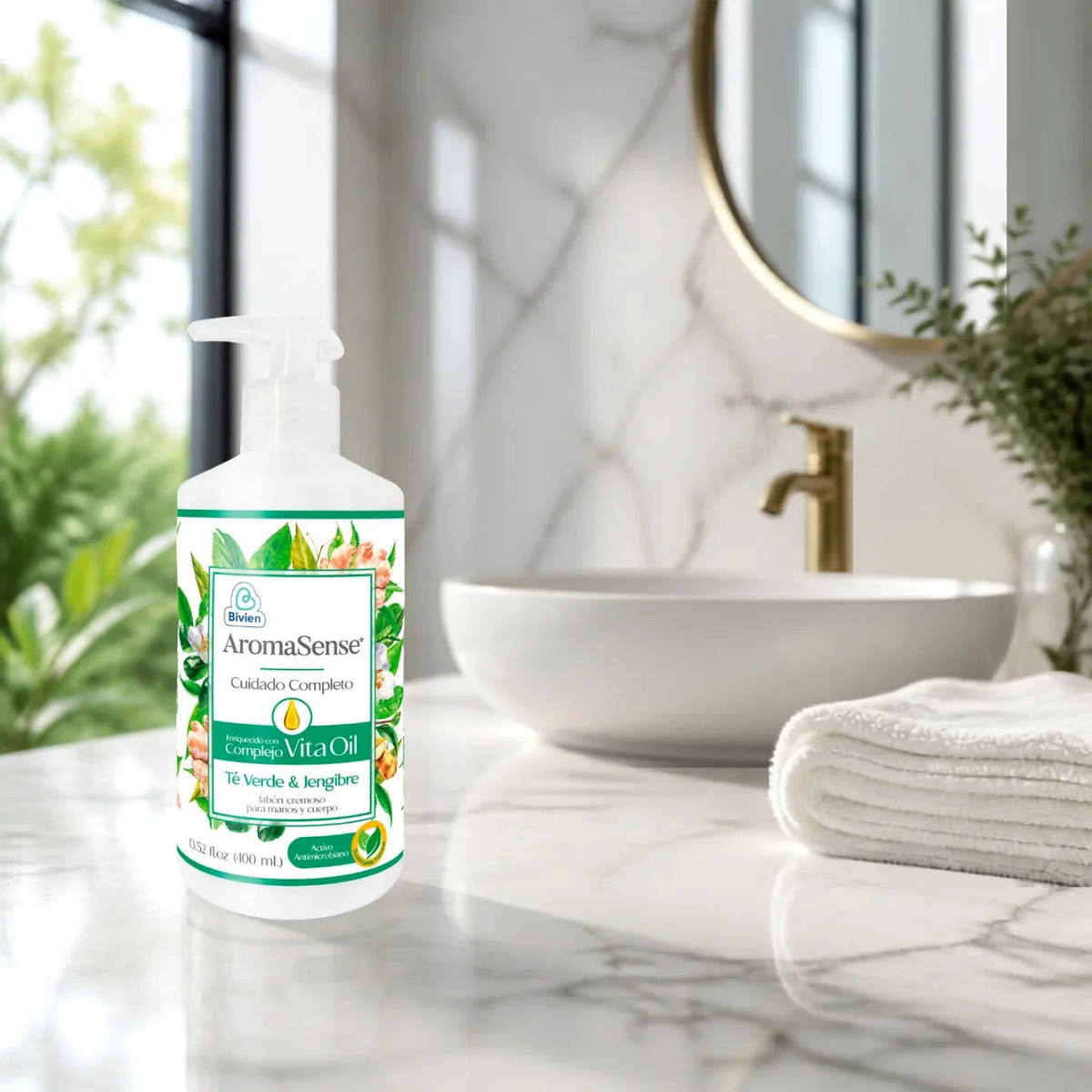 Jabón cremoso Aromasense té verde para manos y cuerpo - 400 ml