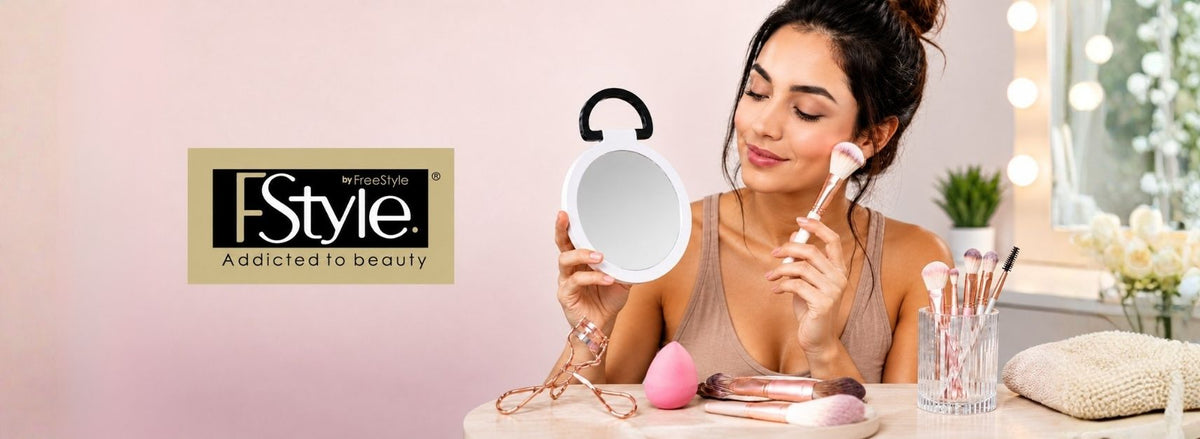 Banner FreeStyle "Addicted to beauty": mujer maquillándose con espejo, brochas y accesorios de bellezaslider_item_Lin644