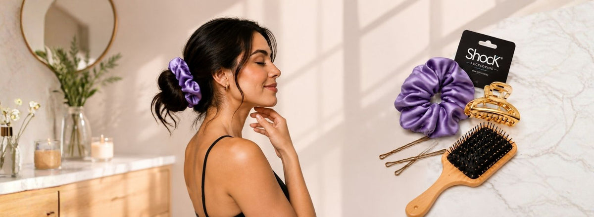 Banner Shock Accesorios: mujer con scrunchie morado, gancho dorado, ganchitos y cepillo para el cabelloslider_item_Lin644