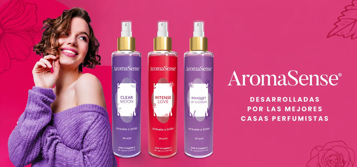 Banner colección AromaSense Splash corporal: fragancias Clear Moon, Intense Love y Bouquet of Flowers, desarrolladas por las mejores casas perfumistasslider_item_Lin644