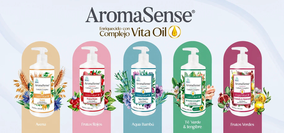 Landing AromaSense con Complejo Vita Oil: línea de cremas corporales en 5 variantes, Avena, Frutos Rojos, Aqua Bambú, Té Verde y Jengibre, y Frutos Verdesslider_item_3rXEFg
